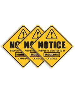 Moultrie Camera Surveillance Signs 3-Pack - bright yellow with black text that reads NOTICE, PROPERTY MONITORED BY MOULTRIE CAMERAS