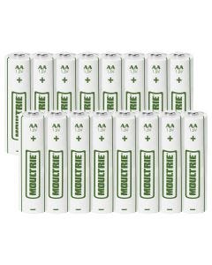 Moultrie 16-pack of AA alkaline batteries - green and white with the Moultrie logo on them